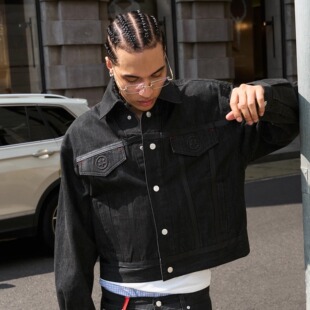 STEEPC 赤耳红线 原牛压胶刺绣短宽夹克牛仔外套