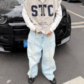 STEEPC 冰蓝色水洗拼接错位毛须缝线宽松直筒baggy牛仔长裤