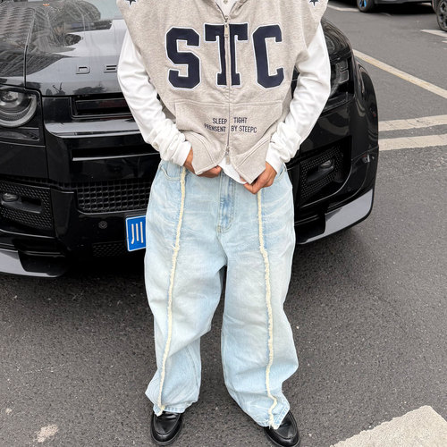 STEEPC翻毛水洗牛仔直筒长裤男