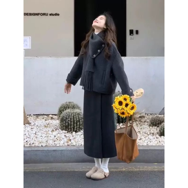韩系搭配一整套冬装灰色毛呢外套高级感小香风半身群两件套裙装女