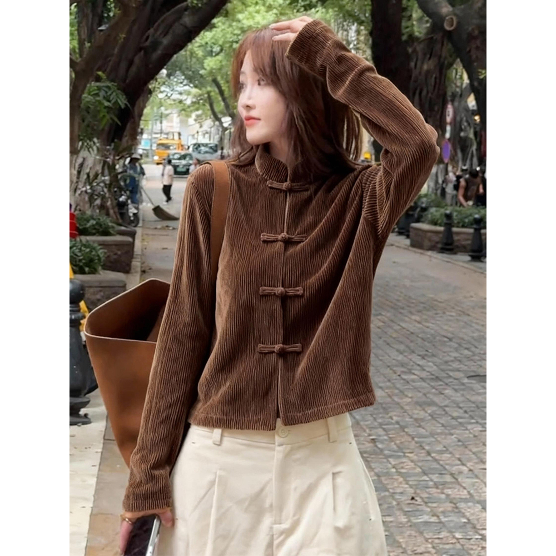 新中式女装咖色立领盘扣灯芯绒上衣25秋新款设计感小众轻国风小衫