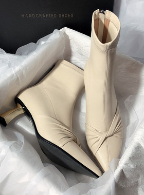 尖头细跟短靴2025秋冬新款高跟瘦瘦靴蝴蝶结韩版文艺气质弹力短靴