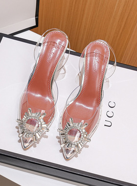 网红水钻透明高跟鞋2026春夏新款细跟尖头仙女风包头太阳花凉鞋女