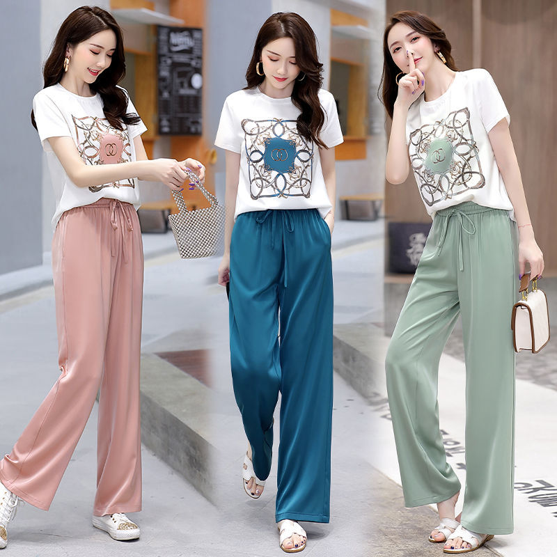 Large size suit women's summer dress new style Korean style short sleeve top Western style wide leg pants casual two piece set