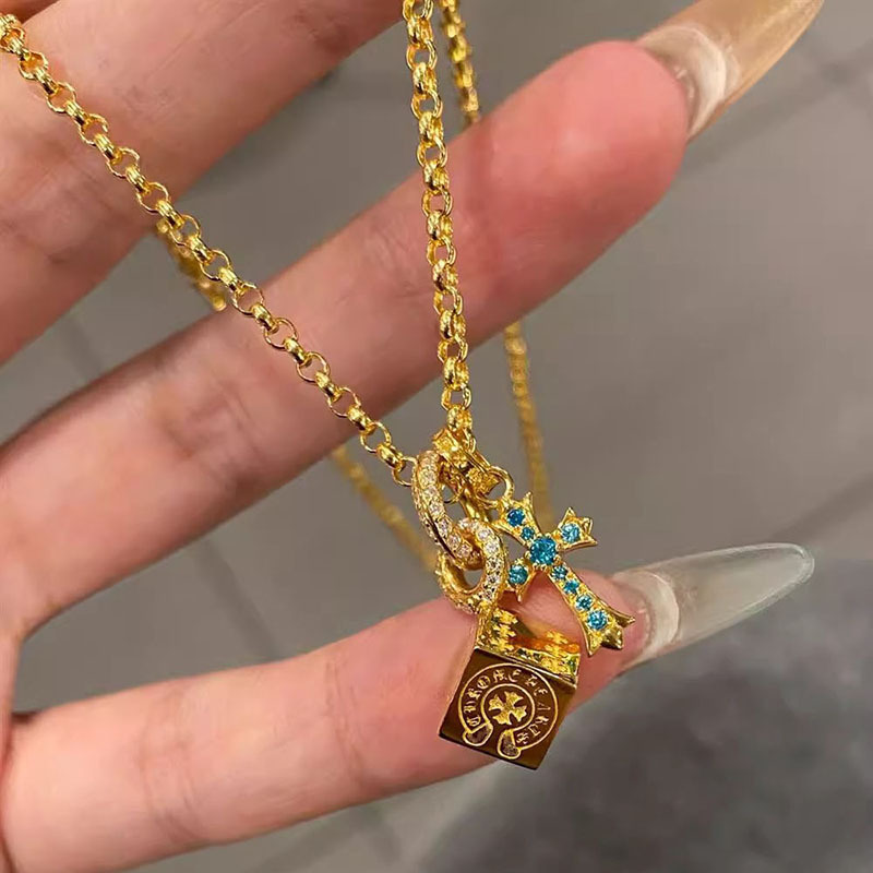 小红书爆款红钻蓝钻方块筛子十字架吊坠轻奢小众高级项链一件代发