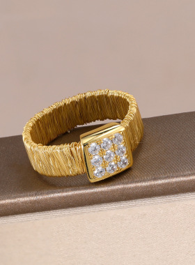 s925纯银轻奢满钻方形戒指女意大利编织食指戒高级感小红署爆款