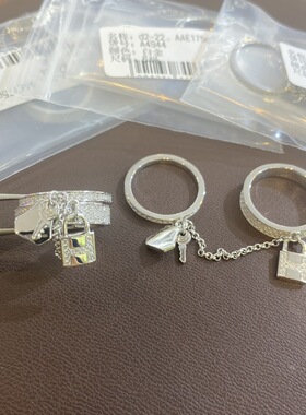 S925纯银锁头钥匙链条双圈满钻戒指女轻奢高级感小众设计叠戴款
