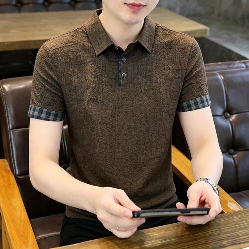 轻奢冰丝男士短袖t恤夏季新款翻领体恤衬衫领POLO衫半袖上衣服男
