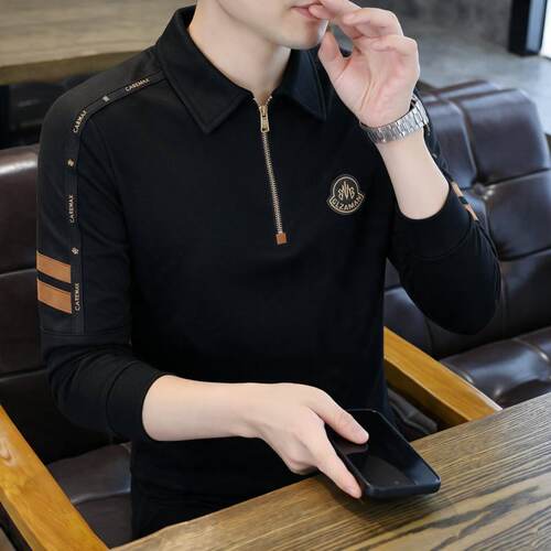 2026秋季欧货轻奢男士翻领半拉链长袖POLO衫时尚印花拼接休闲上衣