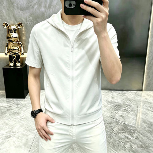夏季简约轻商务冰丝短袖拉链外套男装薄款透气连帽半袖T恤夹克衫