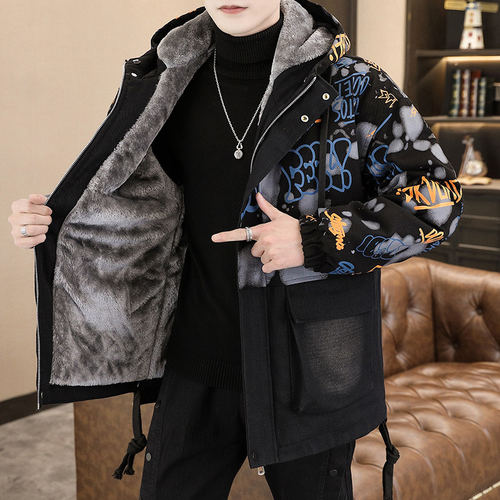 中长款棉衣外套男秋冬季加绒加厚夹克青少年休闲连帽牛仔上衣棉服