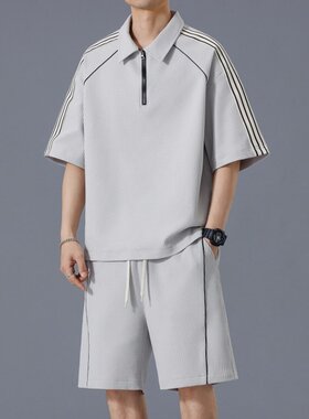 高品质夏款男套装立领T恤拉链条纹五分短裤短袖运动套装两件套男