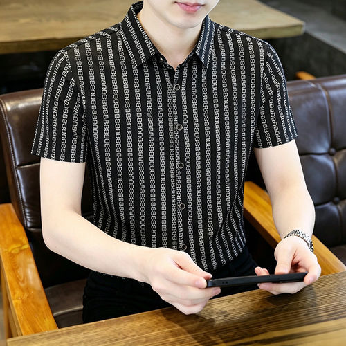 短袖男潮牌潮流衬衫夏季修身半袖条纹衬衣服帅气商务休闲冰丝凉感