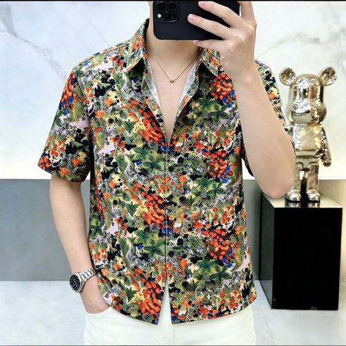 2026夏季新款短袖衬衫男士休闲修身潮流印花高弹力翻领免烫衬衣男