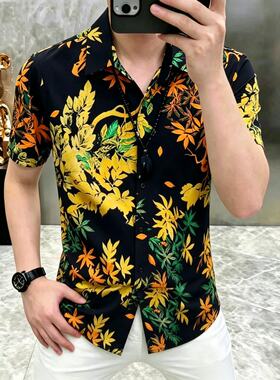 男士高端花衬衫短袖2026新款碎花高级感痞帅夏季冰丝夏天男式衬衣