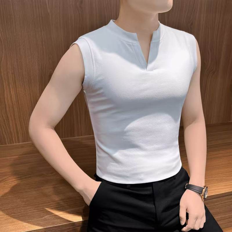 设计感V领坎肩背心男士夏季冰丝2026新款男装痞帅无袖T恤男款上衣图片