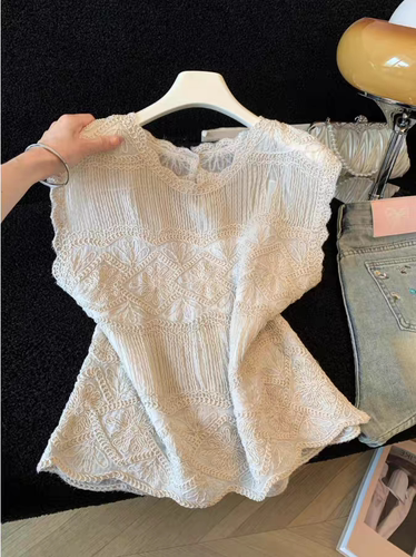 广州十三行女装欧货夏季韩式设计感提花无袖坎肩别致套头百搭上衣