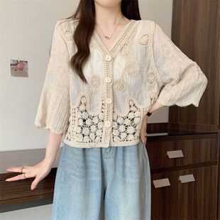 大码女装胖mm夏新款2025高级感洋气显瘦重工蕾丝镂空钩花上衣衬衫