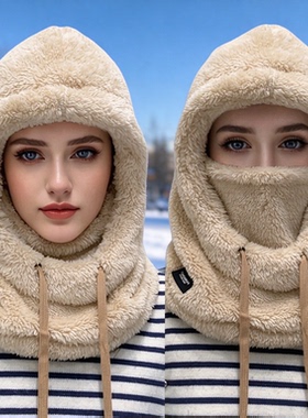 冬季保暖口罩围脖一体帽子女滑雪加绒加厚套头帽护耳防风棉帽骑车