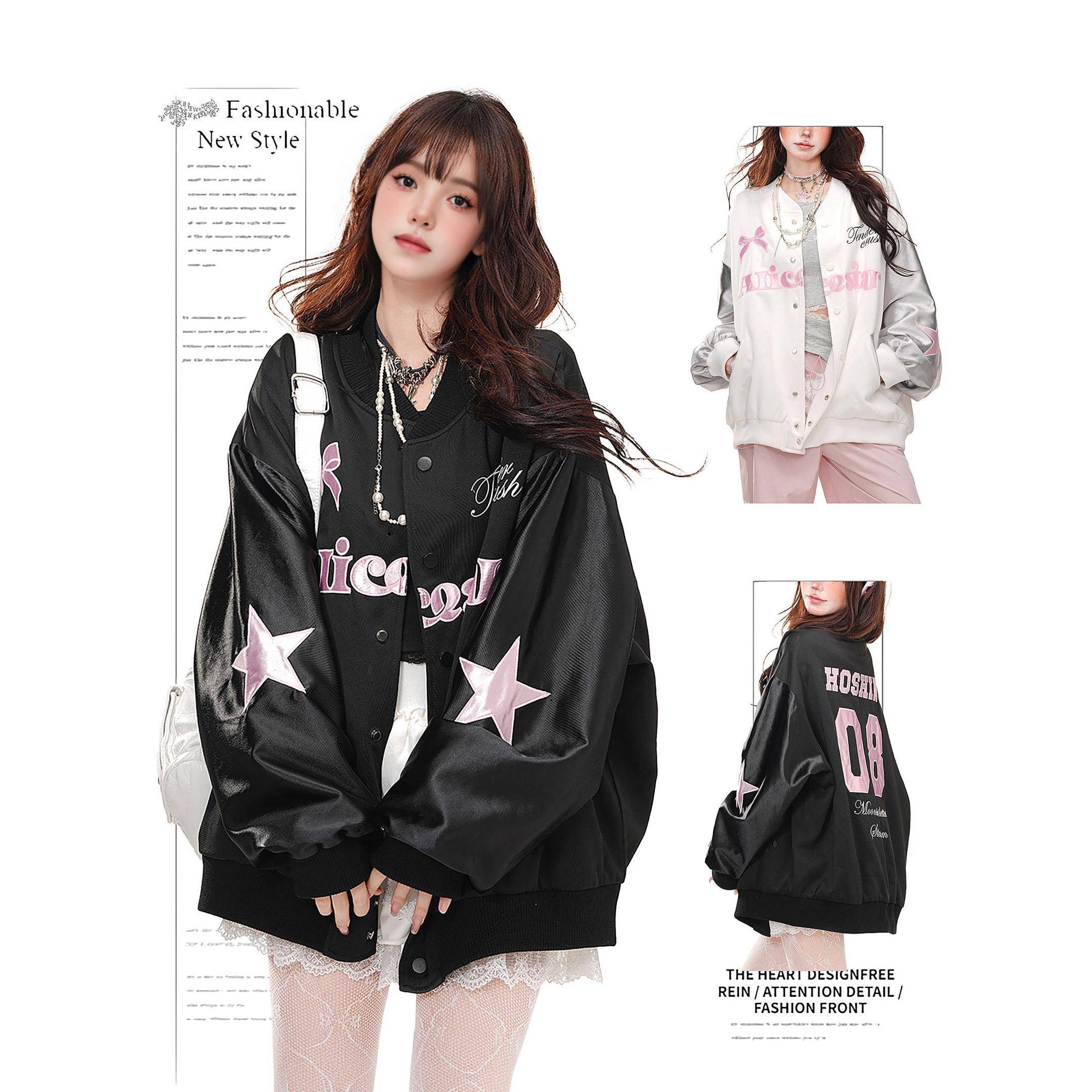 DUSK美式蝴蝶刺绣棒球服外套女春秋季甜酷韩系穿搭夹克撞色上衣潮