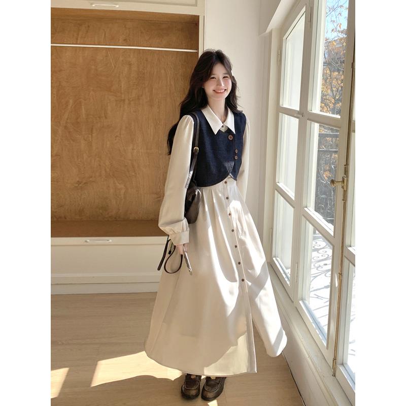 法式气质穿搭牛仔马甲连衣裙套装女2025秋季新款衬衫裙超火两件套