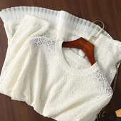 蕾丝镂空钩花压褶拼接圆领打底套头衫 淘么淘 慵懒假日 长T恤女