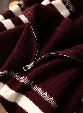 淘么淘 衣品担当！纯羊毛翻领半拉链条纹红色针织衫毛衣女25冬季
