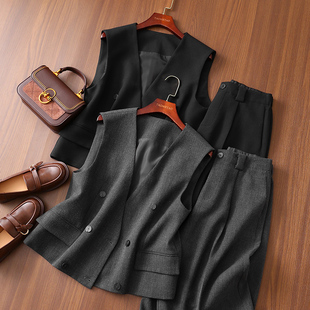 套装 淘么淘 后松紧腰卷边五分裤 通勤V领马甲 女 利落干练power