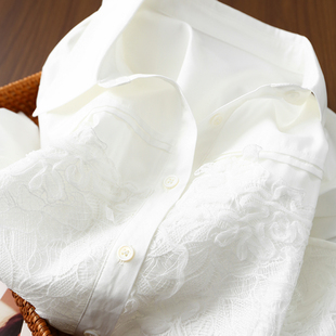 淘么淘 高阶棉质重工网纱蕾丝贴花拼接翻领长袖 衬衫 女 气质轻熟风