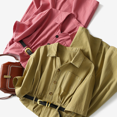 淘么淘酷飒工装风 小众设计感气质收腰单口袋透气亚麻短袖连衣裙