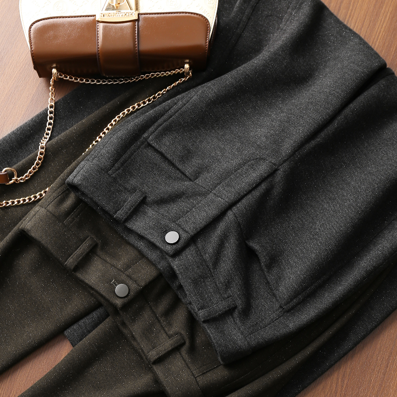 淘么淘 优雅简约 细闪亮丝后松紧高腰羊绒+真丝软垂阔腿毛呢裤女