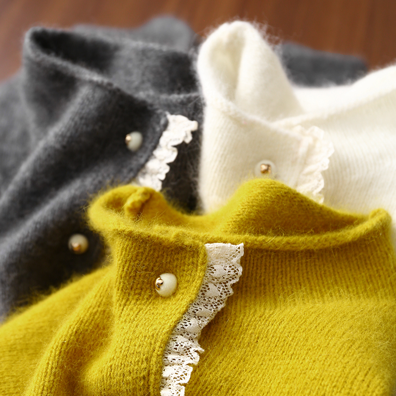 淘么淘 温柔甜美风 蕾丝花边拼接羊毛混纺宽松立领针织开衫上衣女