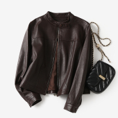 淘么淘 重磅半植鞣绵羊皮休闲气质小立领皮衣夹克外套女 顶奢系列