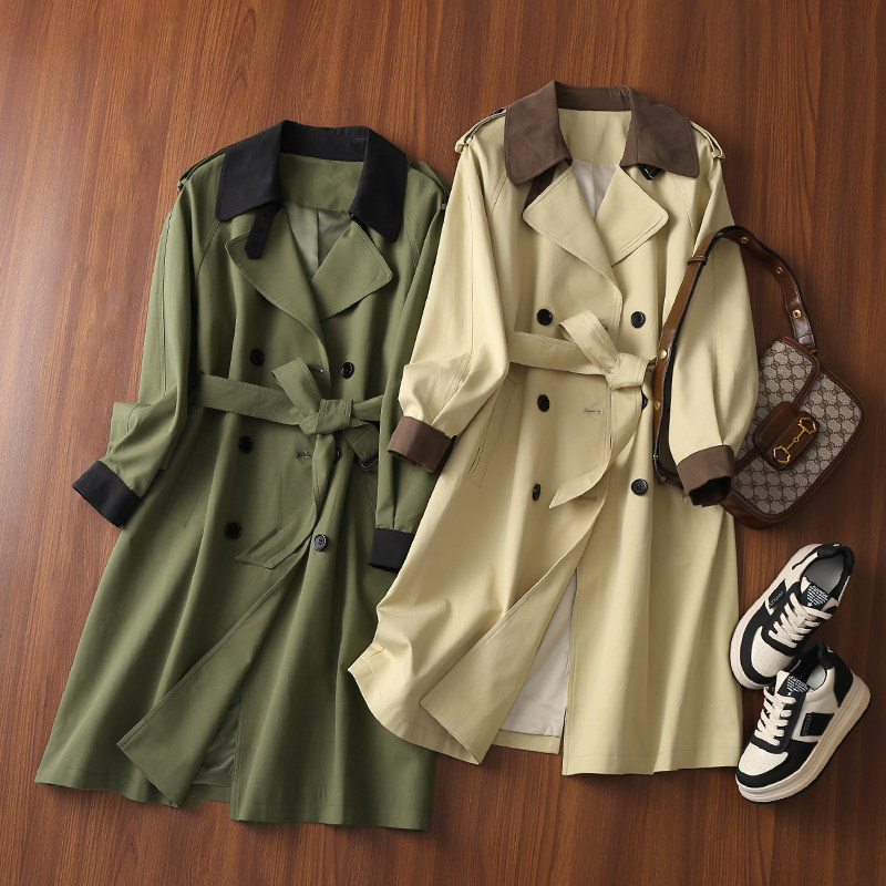 【折】 外茂好货 天丝+棉撞色宽松翻领系带收腰中长款风衣外套女,女装/女士精品,短外套,淘宝优惠券,粉丝福利购,淘宝优惠卷