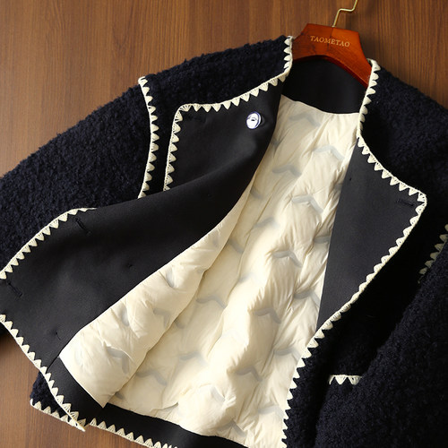 淘么淘 秀场设计师款！90白鸭绒贝壳绣短款香风毛呢羽绒服外套女