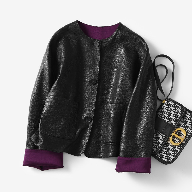 淘么淘 典藏之作 撞色双面穿荔枝纹山羊皮贵气紫真皮皮衣外套新款