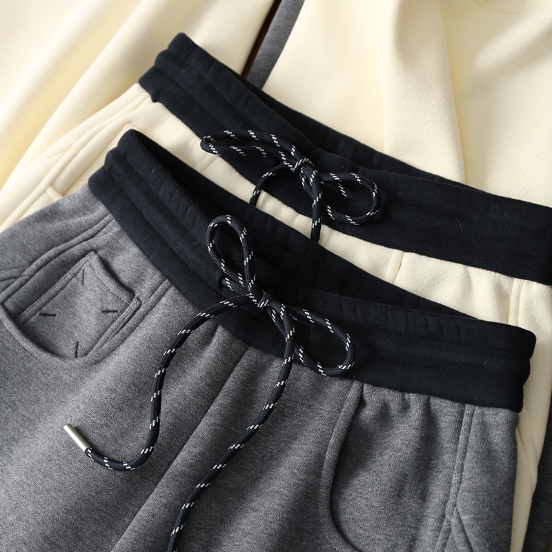 淘么淘 get美式休闲！撞色松紧腰抽绳加绒加厚弯刀阔腿休闲卫裤女