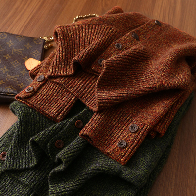 淘么淘 气质老钱风 柔软夹花纱绵羊毛针织衫高领加厚开衫毛衣女冬