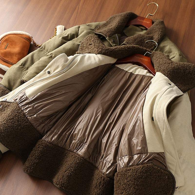 淘么淘 显贵又时髦 假两件羊羔毛拼接翻领短款鸭绒羽绒服女冬季新