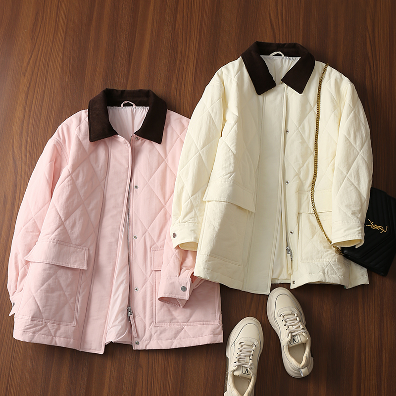 淘么淘 文艺巴恩风 复古灯芯绒翻领宽松菱格绗缝棉服夹克外套女新