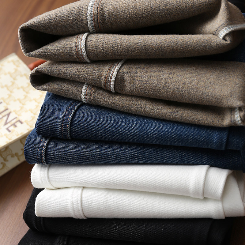 淘么淘 腿精保暖秘诀~植绒保暖猫咪皮贴布高腰微喇牛仔裤女25冬新