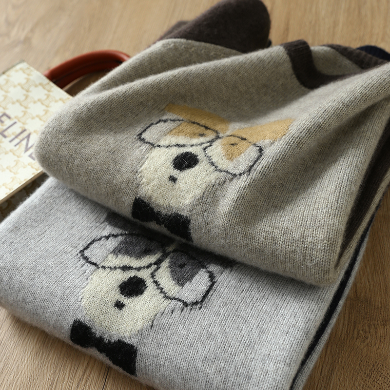 淘么淘 趣味童趣 眼镜小狗提花羊毛羊绒宽松撞色插肩袖针织衫新款