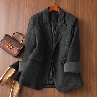 淘么淘 英式复古 重磅斜纹90白鸭绒保暖灰色羊毛呢羽绒西装外套女