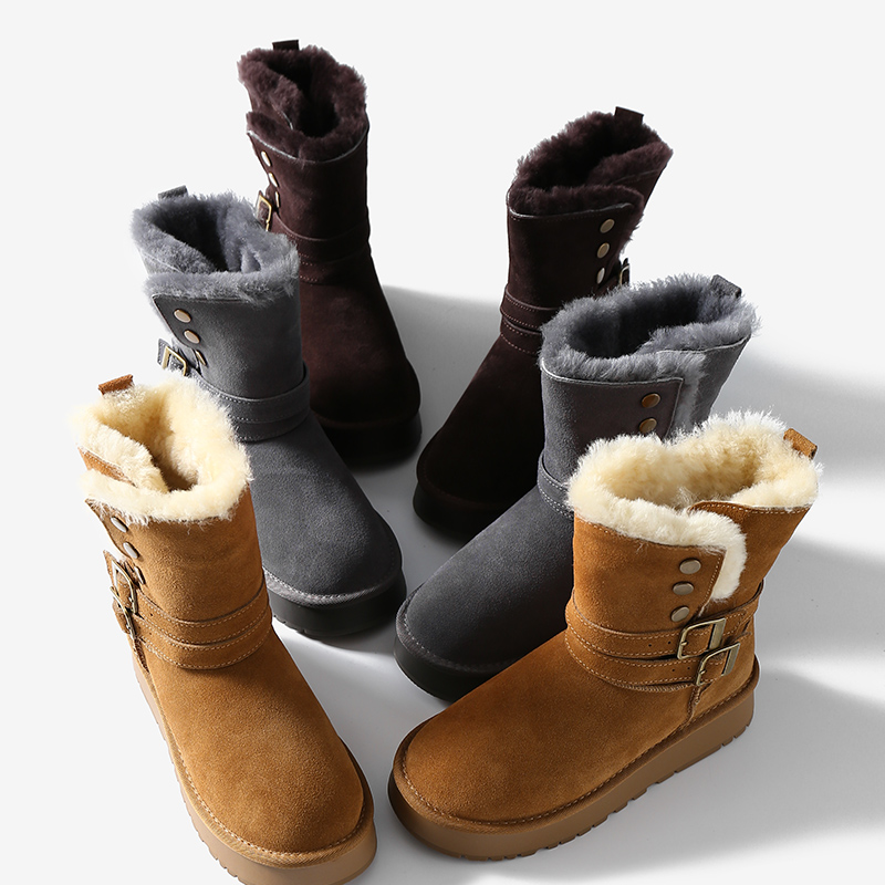 淘么淘 暖脚小太阳 羊皮毛一体加绒加厚皮带扣厚底骑士靴雪地靴女