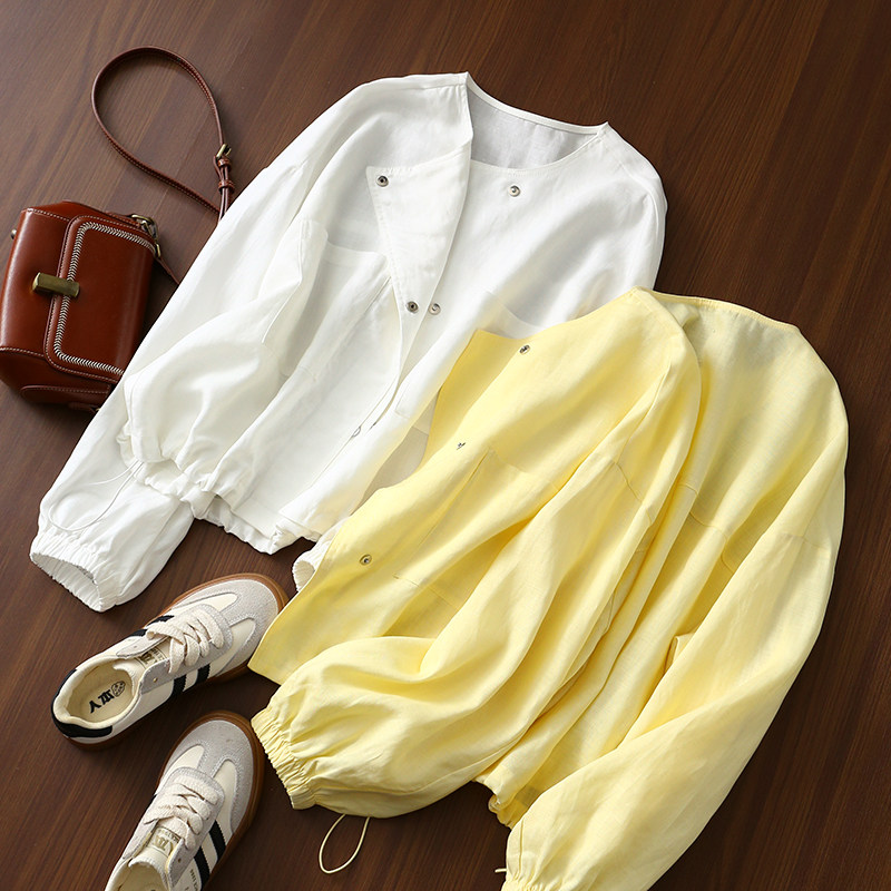 淘么淘 穿搭单品 干爽亚麻天丝宽松落肩双口袋圆领外套女春季新款