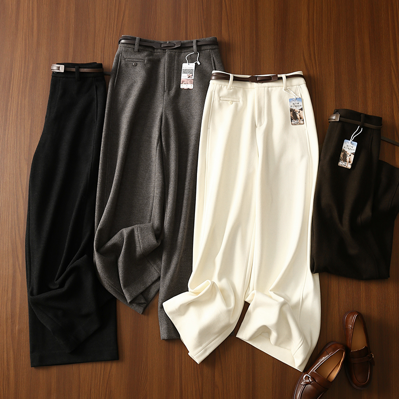 淘么淘 冬季时髦裤 柔软牦牛绒+真丝+山羊绒高腰阔腿毛呢裤+腰带