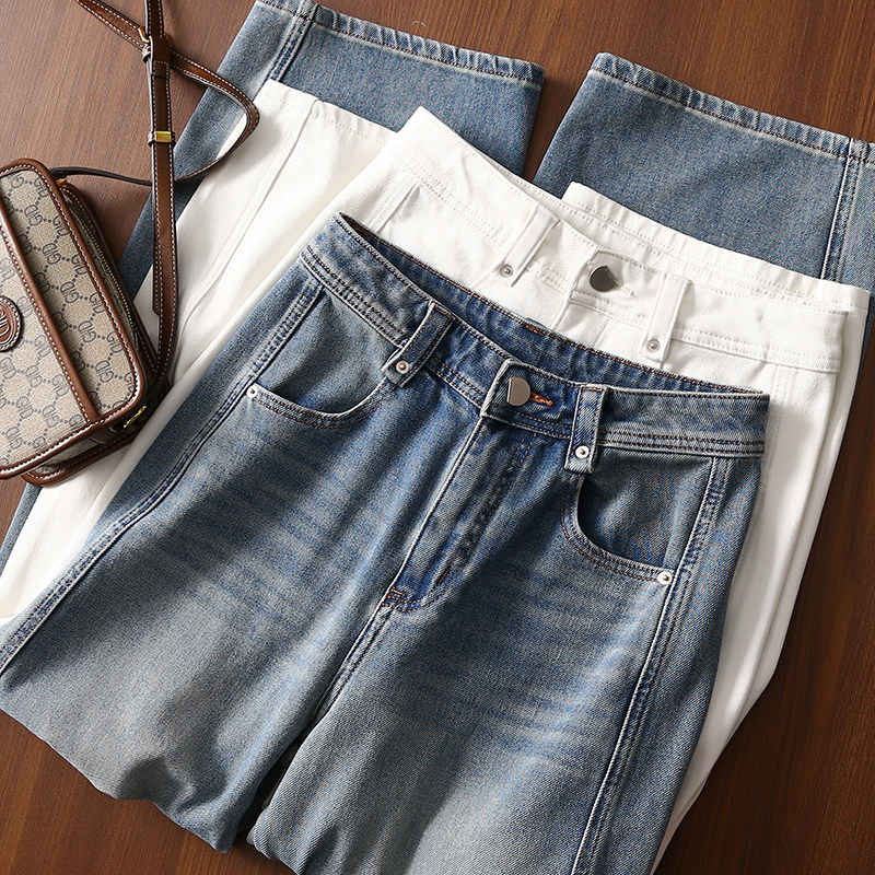 淘么淘&nbsp;大幂同款艺术家的弯刀裤！高腰显瘦斜裁阔腿弯刀牛仔裤女