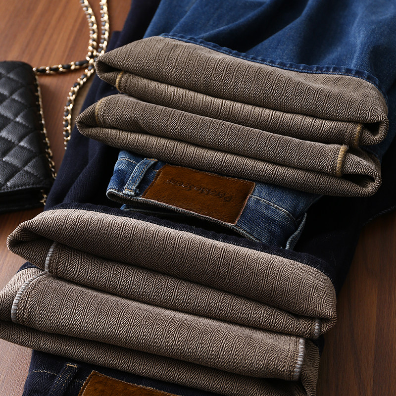 淘么淘 梨形苾收 保暖磨绒莱赛尔显瘦高腰收省剪裁弯刀牛仔裤女冬