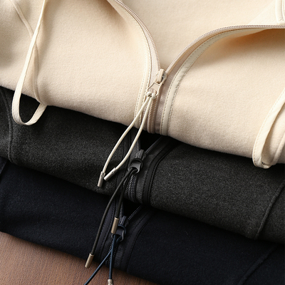 淘么淘 温暖不压身 立体显瘦连帽拼接磨毛德绒双向拉链卫衣开衫女