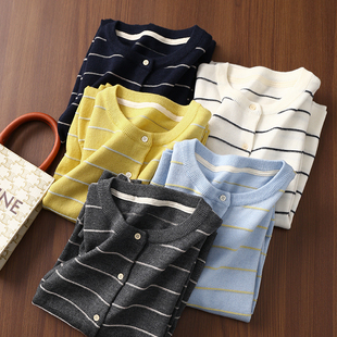 上衣女春款 淘么淘 针织开衫 圆领长袖 条纹无凡品 软糯羊毛撞色薄款